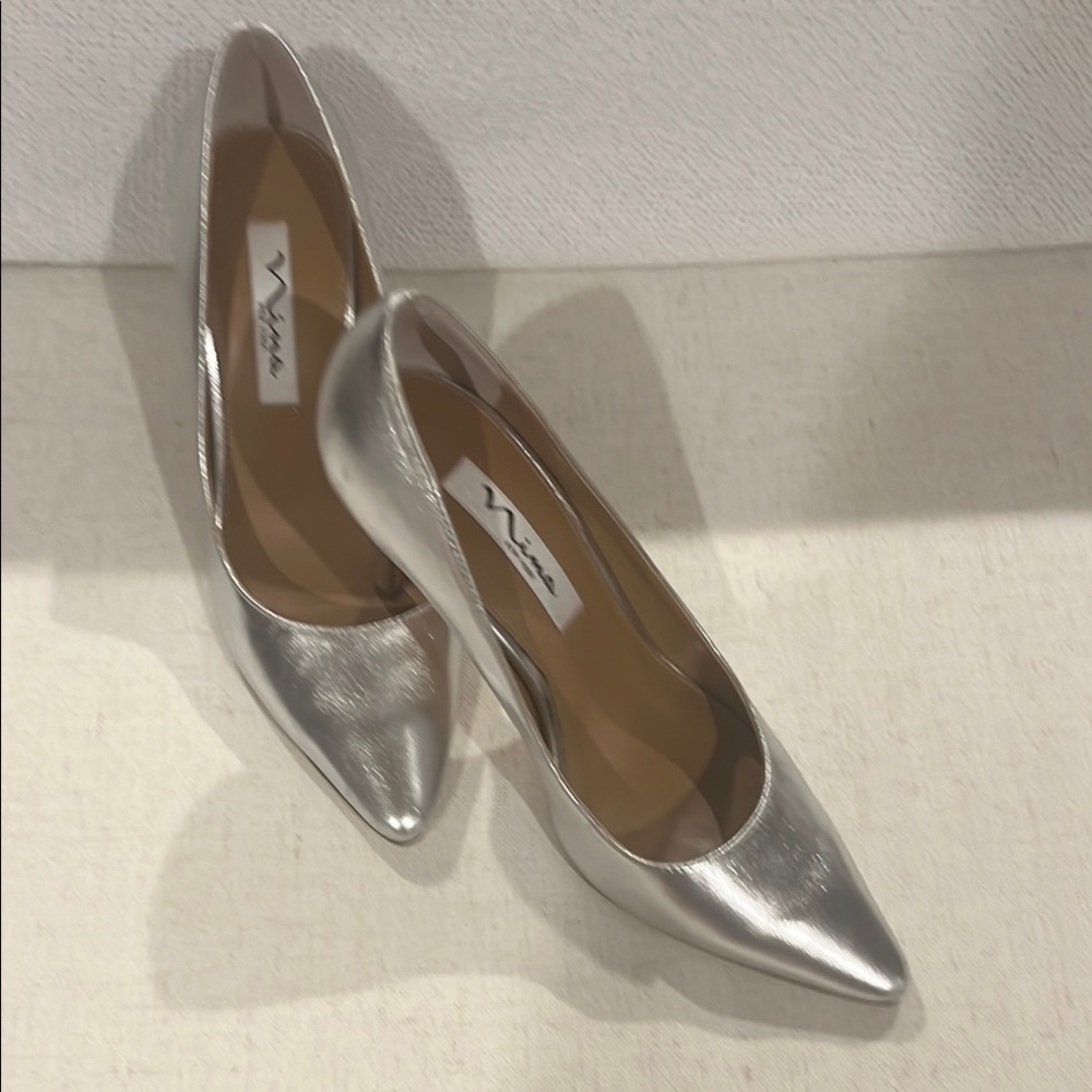 Nina Silver Metallic Heels with Pointed Toe
